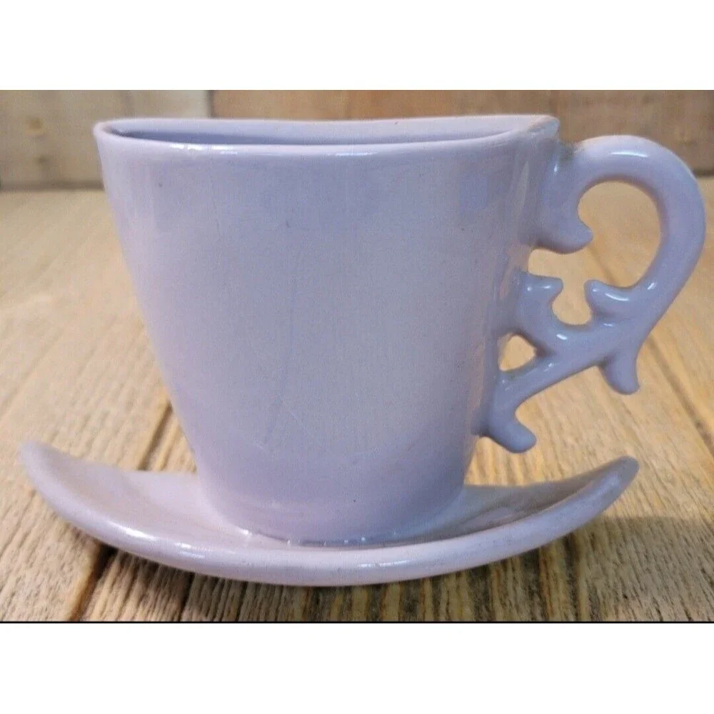 Vintage Unmarked Maker Lavender Pottery Cup and Saucer Wall Pocket, Wall Vase